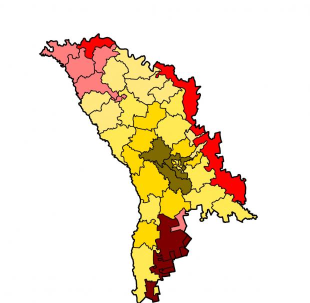 Alegerile din Republica Moldova - situația pe raioane. În nuanțe de roșu - pro-rușii de la „Blocul Victorie”, în nuanțe de galben - pro-europenii de la PAS. Intensitatea culorii reprezintă procentul înregistrat (de l40%+ până la 80%+)
